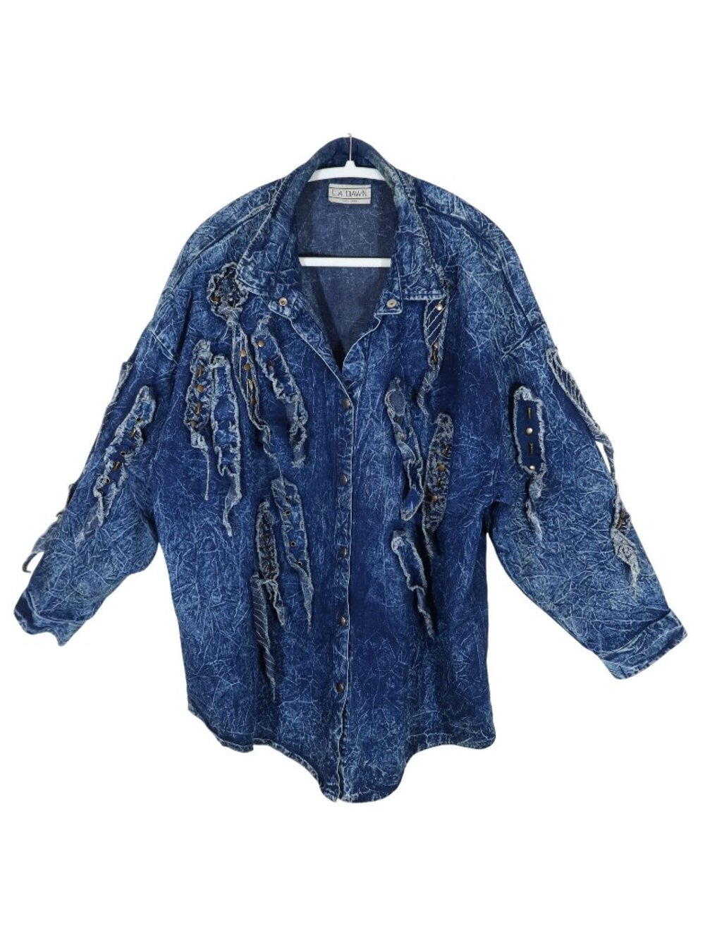 Vintage 80s Acid Wash Oversized Denim Studded Shirt Jacket Art To Wear Size XL